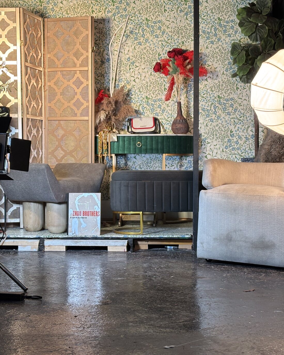 Interior of Studio 413B at Skyye Box Studios, styled set with lounge seating and softbox lighting
